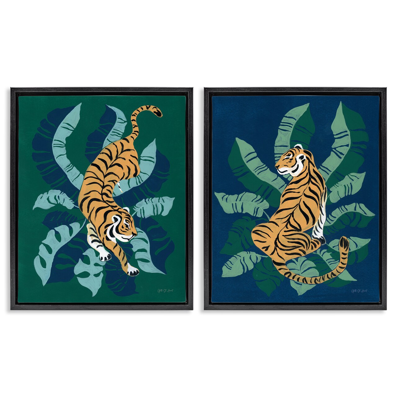 Stupell Industries Prowling Tiger Sitting Tiger Jungle 2 pc Framed Floater Canvas Wall Art Set Design by Yvette St. Amant